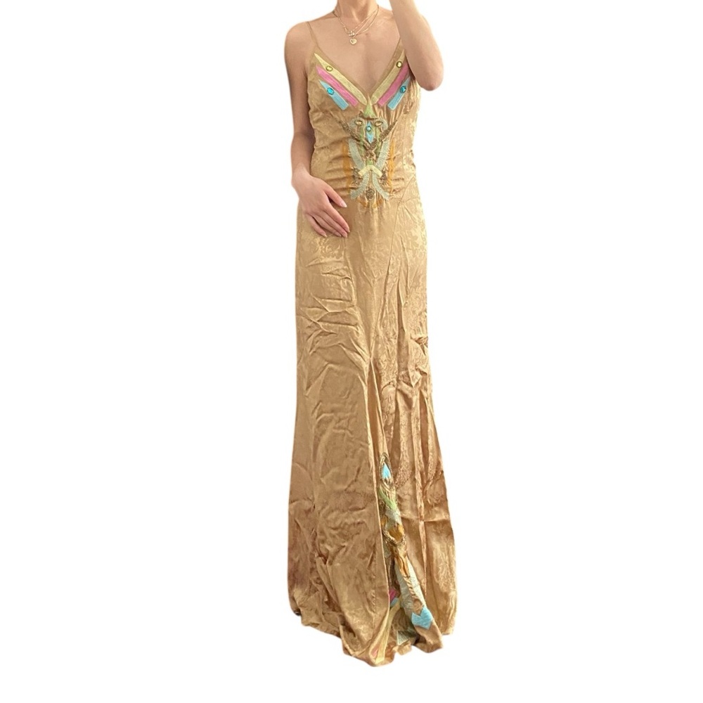 Nicole Miller Signature Vintage Embroidered Beaded Silk Tan Long Gown Size US 4 - Picture 2 of 11